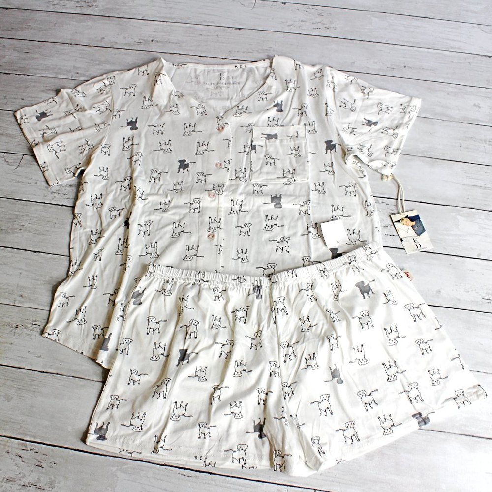 Ellen Degeneres Women's White Shortie Pajama Set Size XL Gray Dogs Love